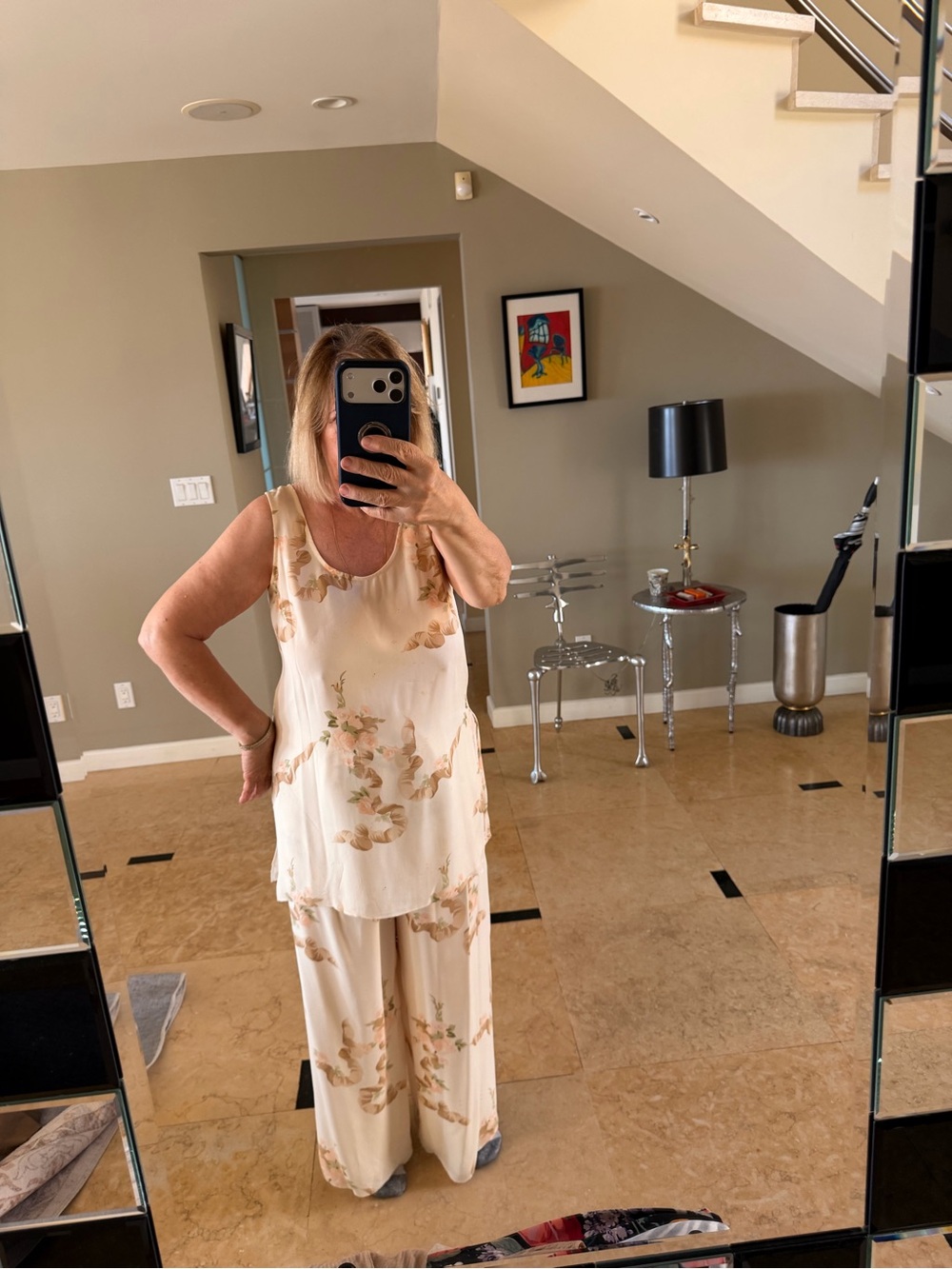 Vintage Finity Cream and Tan Floral Design wide leg pants